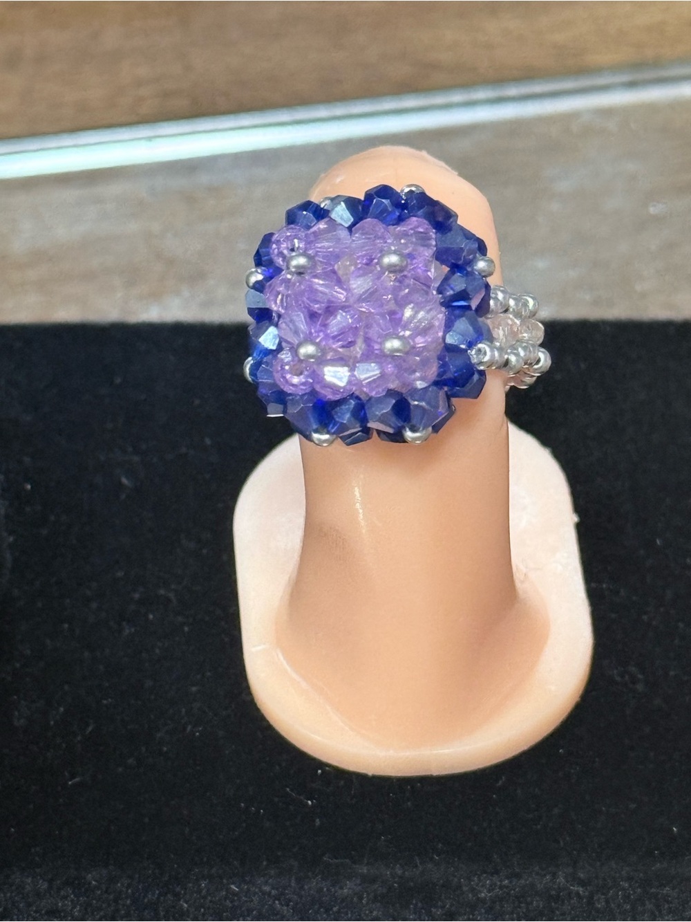 Handmade Purple Beaded Flower Ring - Picture 1 of 3